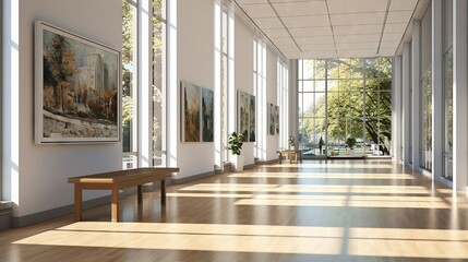 Classic art gallery hallway, natural light, white walls, framed landscape paintings