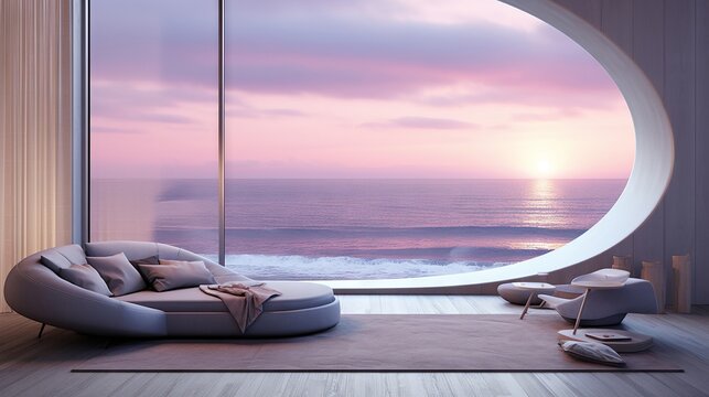 Pastel dawn colors filling a peaceful room with a suspended moon and gentle waves