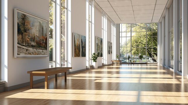 Naklejki Classic art gallery hallway, natural light, white walls, framed landscape paintings