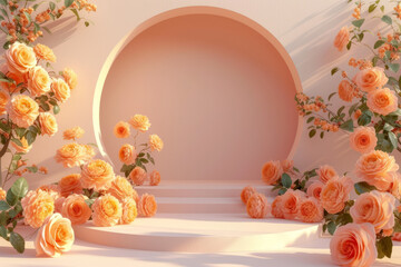 Naklejka na ściany i meble Podium, abstract beige background with peach color roses. Place for your product commercial ad