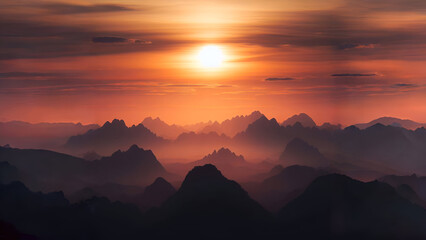 Silhouette of mountains sunset on topview
