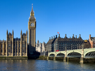 British Houses of Parliament and Big Ben Clock Tower by the River Thames in central London in the United Kingdom.