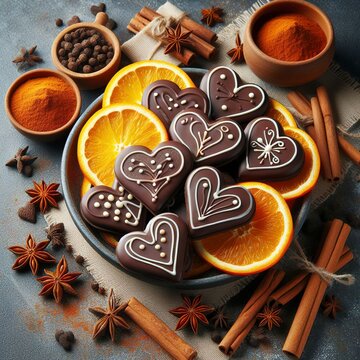 Chocolate heart cookies, oranges cinnamon and spicy spices on a gray table, top view, close up