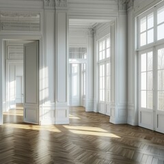 Open Space with White Walls and Parquet Flooring.