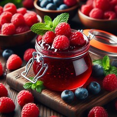 Homemade raspberry jam in a glass jar and fresh raspberries with mint