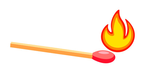 A match with fire in a cartoon style. Vector illustration of a beautiful match lit by fire isolated on white background. Hot. Lighting a gas tile burner with a match.