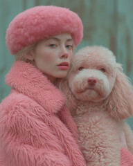 Woman in pink elegantly posing with a poodle dog, AI-generated.
