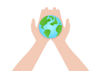 Hand Holding Earth Logo Symbol. Save the World. Save Energy. Eco Friendly and Green Energy Concept.