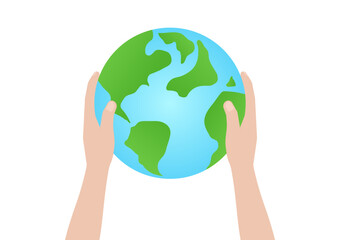 Hand Holding Earth Logo Symbol. Save the World. Save Energy. Eco Friendly and Green Energy Concept.
