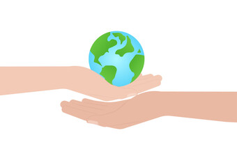 Hand Holding Earth Logo Symbol. Save the World. Save Energy. Eco Friendly and Green Energy Concept.