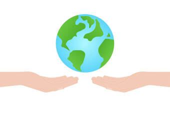 Hand Holding Earth Logo Symbol. Save the World. Save Energy. Eco Friendly and Green Energy Concept.
