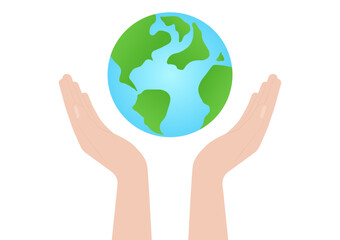 Hand Holding Earth Logo Symbol. Save the World. Save Energy. Eco Friendly and Green Energy Concept.