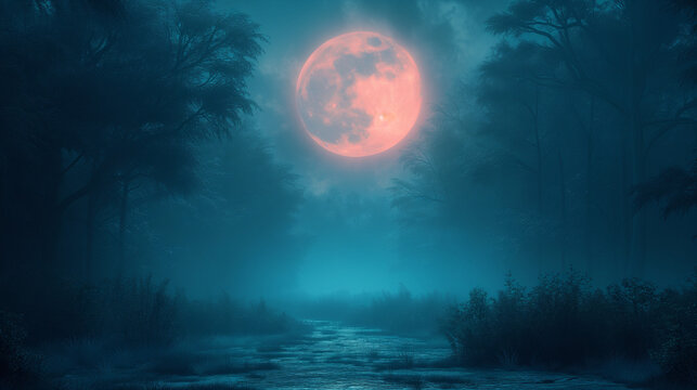 Night misty night, Spooky halloween night,  Full moon over dark spooky forest at night, Ai generated image