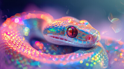 Opal rainbow snake closeup, Color sparkle snake on branch. Magic snake on a glitter background.