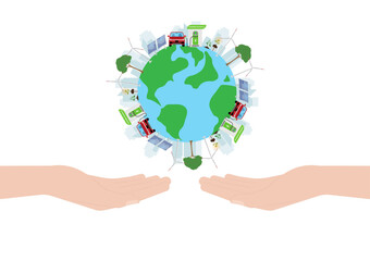 Hand Holding Earth Logo Symbol. Save the World. Save Energy. Eco Friendly and Green Energy Concept.