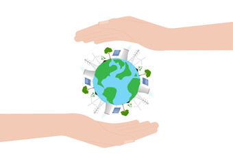 Hand Holding Earth Logo Symbol. Save the World. Save Energy. Eco Friendly and Green Energy Concept.