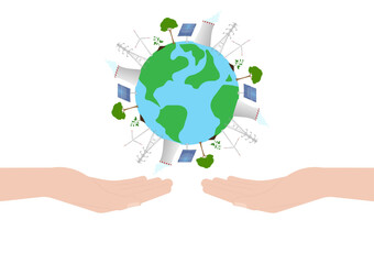 Hand Holding Earth Logo Symbol. Save the World. Save Energy. Eco Friendly and Green Energy Concept.