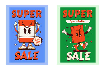 A set of posters in vintage design style. Groovy character. Sale and discounts. Geometric shapes and pop art. Vector illustration. Isolated. Buy now. Street store. Funky retro style. Memphis. Mascot 