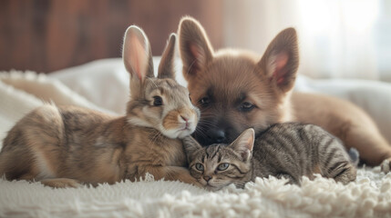 Obraz premium Furry Friends: A Puppy, Rabbit, and Cat Enjoying a Relaxing Moment