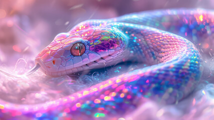 Fototapeta premium Opal rainbow snake closeup, Color sparkle snake on branch. Magic snake on a glitter background.