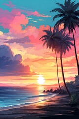 A Painting of a Sunset on a Beach With Palm Trees. Generative AI.