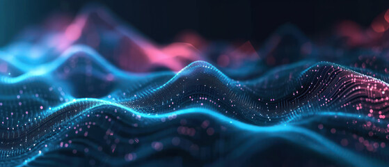 Digital wave with many dots and particles. Abstract dynamic wave background. Technology or science banner. - obrazy, fototapety, plakaty