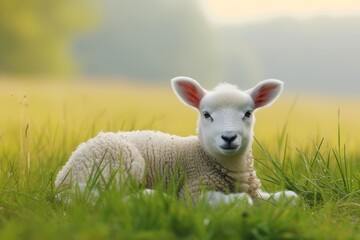 Naklejka na ściany i meble Adorable Lamb Lying in Spring Green Grass, A cute white lamb with soft wool resting peacefully in lush green grass, with a serene and foggy background.