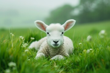 Adorable Lamb Lying in Spring Green Grass, A cute white lamb with soft wool resting peacefully in lush green grass, with a serene and foggy background.