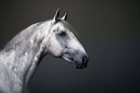 Head portrait of a white horse on dark background
