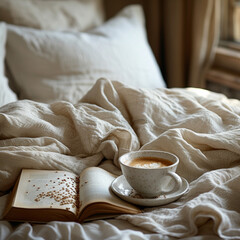 Fototapeta na wymiar Cup of coffee and book on the bed in the morning,Generative AI