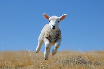 Joyful Lamb Leaping in the Field on a Sunny Day, A playful white lamb jumps with joy in a sunny...