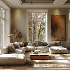 Interior design modern bright room with brown sofa 3d Illustration,Generative AI