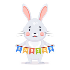 Cartoon Gray Bunny holding in paws festive garland. Easter holiday decoration. Cute baby character. Vector illustration 