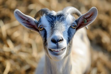 Smiling Goat Close-Up with Twinkling Eyes, Close-up image of a friendly goat smiling at the camera, showcasing its twinkling eyes and playful demeanor.