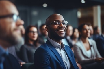 Portrait happy smiling African American ethnic male man guy businessman student in glasses formal suit listening business training class seminar presentation learning blurred crowd indoor meeting room - obrazy, fototapety, plakaty