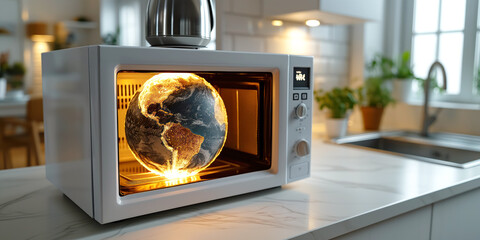Globe of Earth overheating in microwave oven. Climate changes concept. - obrazy, fototapety, plakaty