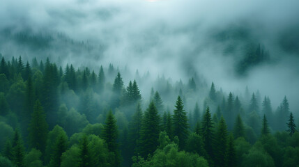 Fog in the mountains, Misty landscape with fir forest in hipster vintage retro style, Ai generated...