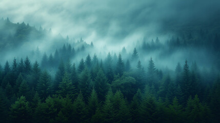Fog in the mountains, Misty landscape with fir forest in hipster vintage retro style, Ai generated image