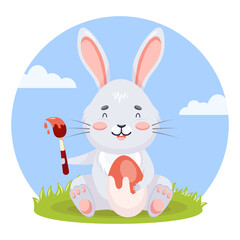 Cartoon Gray Bunny holding easter egg vector illustration. Cute baby character paints egg