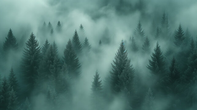 Misty morning in the forest, Misty landscape with fir forest in hipster vintage retro style, Ai generated image