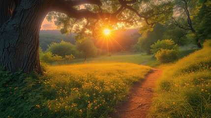 Obraz premium Morning in the forest, Sunrise in the forest, Path in sunburst rays of light. Green spring grass with cypress trees, Ai generated image