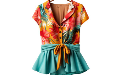 Sleeveless tropical print blouse with a tie-front on a white background