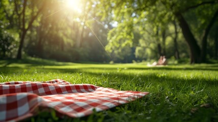 A cheery, checkered picnic blanket under the sun creates an inviting summer scene - obrazy, fototapety, plakaty