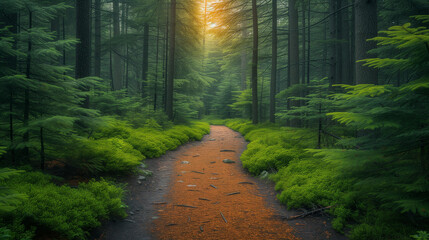 Path in the forest, footpath in the forest, Morning in the mountains, Fog in the mountains, path in the moody dark coniferous forest , Ai generated image