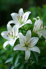 Fototapeta premium Pristine white lilies resting upon emerald leaves