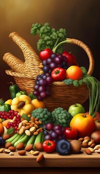 a basket of fruits and vegetables paintings illustration 9:16