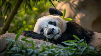 Obraz premium An adult panda peacefully sleeps, cradled by nature's tranquility.