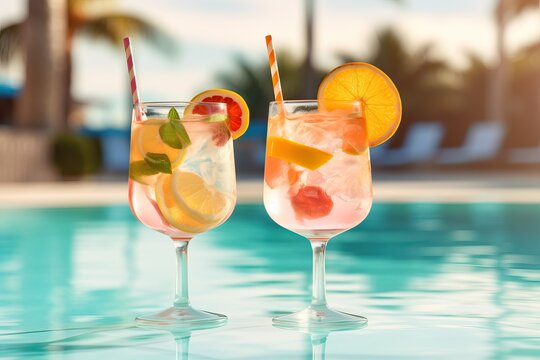 Glasses Filled With Drinks Next to a Swimming Pool