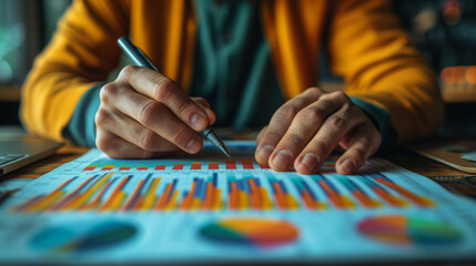 Statistics and data analysis. Investment. Business analysis using charts and graphs. Man making diagrams, Ai generated image