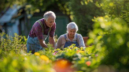 Happy grandfather and grandmother gardening together in the garden of a small suburban house. generative AI